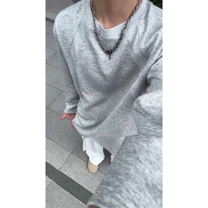 抖音得物品质26春装美式高街宽松曼巴棉螺纹拼接卫衣圆领长袖T恤,男装T恤,电商A443