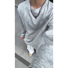 抖音得物品质26春装美式高街宽松曼巴棉螺纹拼接卫衣圆领长袖T恤，男装T恤，电商A443