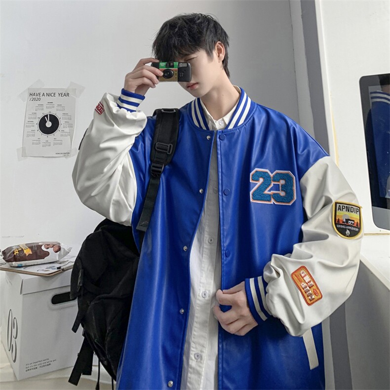 2035-P85港风春秋新款夹克男字母刺绣港风棒球服宽松休闲PU皮外套，男装夹克，星座1109-2