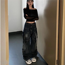 重工水洗复古工装牛仔裤女春秋季美式街头痞帅宽松小众直筒阔腿裤，男装牛仔裤，星座1210-1