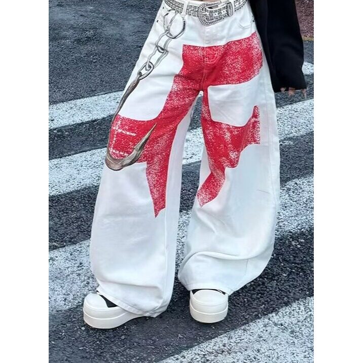 N9009-P53美式复古大码个性挂钩拼接牛仔休闲裤女辣妹高级感,男装休闲裤,电商B323A