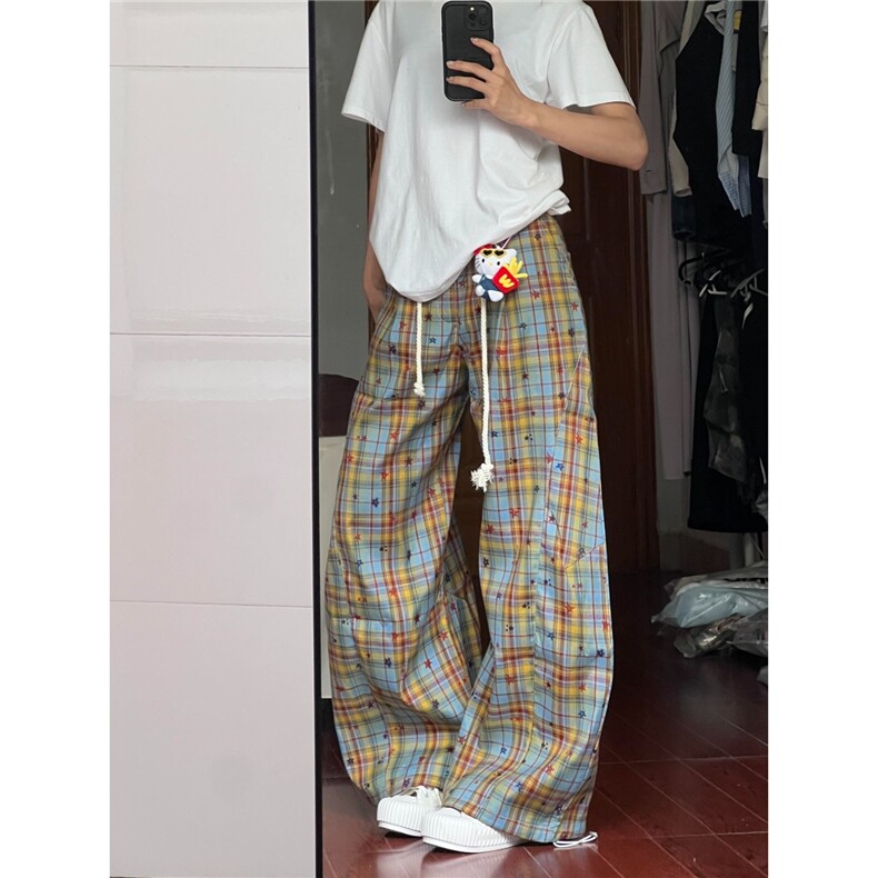 格子夏季美式撞色条纹阔腿裤女宽松休闲百搭ins垂感长裤L9010-P40，男装休闲裤，星座1008-1