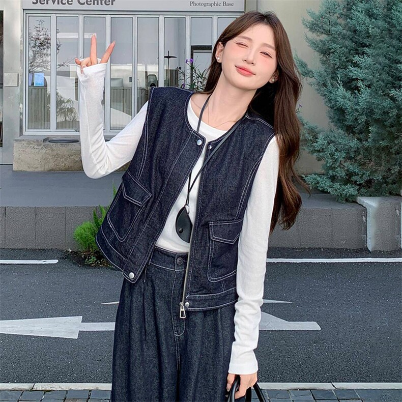 2025年秋季新款时尚潮流牛仔配色两件套裤，女装套装/套裙，心心服饰