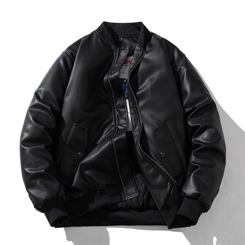 现货黑色PU皮棒球服外套秋冬棉服带帽可拆卸，男装棉衣，电商A105