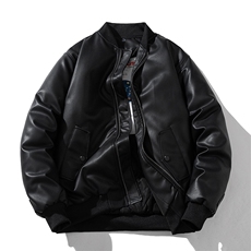 现货黑色PU皮棒球服外套秋冬棉服带帽可拆卸，男装棉衣，电商A105