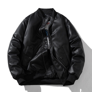 现货 黑色PU皮棒球服外套秋冬棉服带帽可拆卸,男装棉衣,电商A105