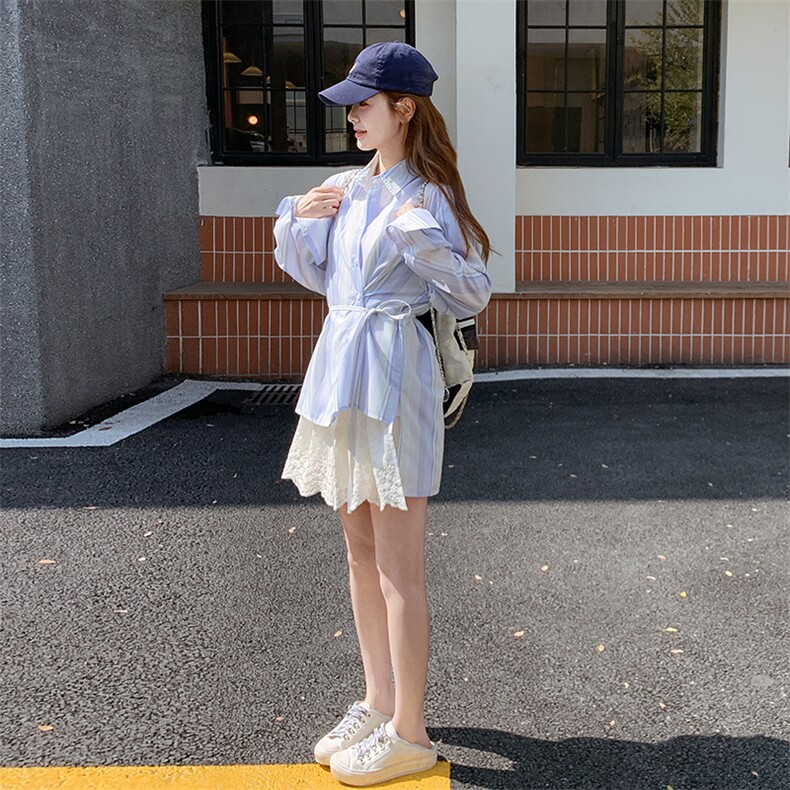 现货定位蕾丝拼接条纹衬衫连衣裙RF058-C8685-P125-K178,女装连衣裙,2C058