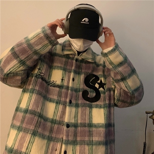 高级感小香风格子毛呢外套衬衫男女刺绣加厚冬季夹克棉服 J8111图片