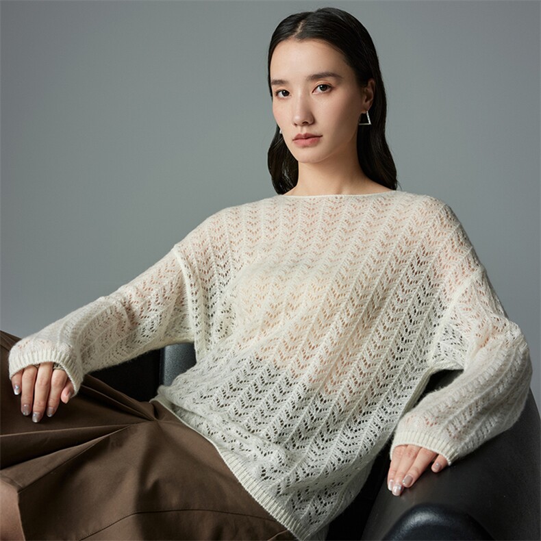 2025年秋季时尚百搭通勤简约休闲镂空一字领罩衫，女装羊绒衫，圣暖羊绒