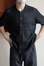 美式复古镂空方领短袖针织衫夏季时髦宽松慵懒蕾丝半袖高级男衬衣，男装T恤，星座218-1（原230）