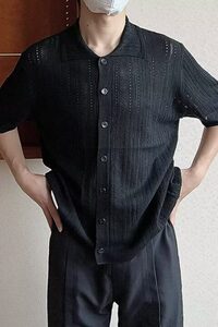 美式复古镂空方领短袖针织衫夏季时髦宽松慵懒蕾丝半袖高级男衬衣图片