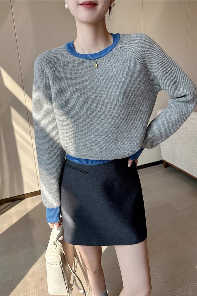 百搭女羊毛衫圆领长袖拼色设计羊毛舒适保暖显瘦修身,女装羊毛衫,泰沅羊绒