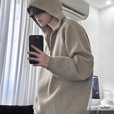 纯色针织连帽卫衣男秋冬半拉链打底衫慵懒风高级感毛衣AM02，男装T恤，星座516A