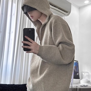 纯色针织连帽卫衣男秋冬半拉链打底衫慵懒风高级感毛衣AM02图片