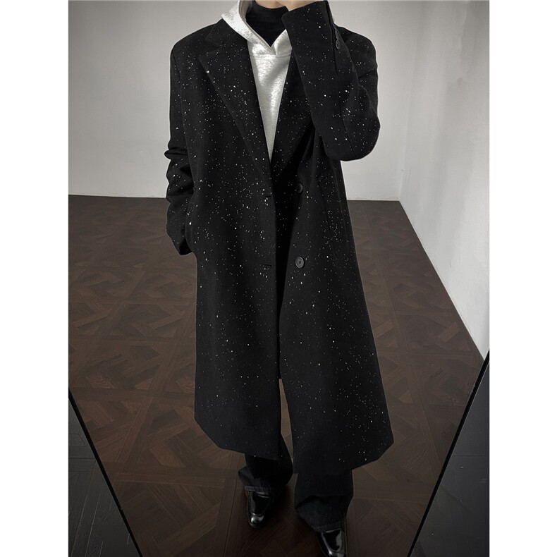 韩系冬季满天星加厚过膝长款毛呢大衣垫肩男风衣英伦风大衣外套，男装风衣，电商A430（原星座702）