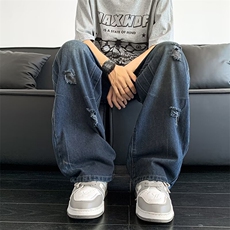 小众vibe牛仔裤男高级感宽松阔腿破洞坠感长裤9031P48，男装牛仔裤，星座410-2