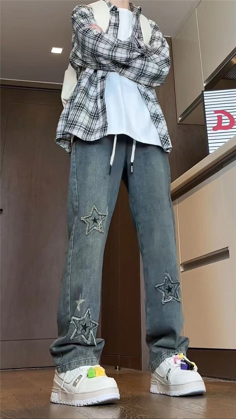 秋冬美式复古水洗刺绣印花高街微喇牛仔裤A158-NZK081-P48,男装牛仔裤,电商A158