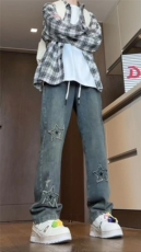 秋冬美式复古水洗刺绣印花高街微喇牛仔裤A158-NZK081-P48，男装牛仔裤，电商A158