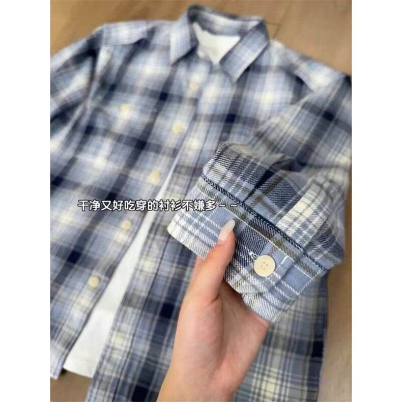 美式复古蓝色格子衬衫男款cleanfit慵懒风长袖衬衣情侣格纹外套，男装防晒衣，星座313A(原308A-2)
