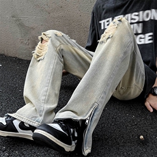欧美高街直筒破洞牛仔裤ins潮牌嘻哈美式复古裤男N01777-P45，男装牛仔裤，星座308B-1