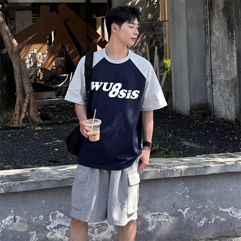 抖音得物高品质二开240克宽松纯棉美式潮牌插肩袖拼接短袖T恤,男装T恤,电商A486-1