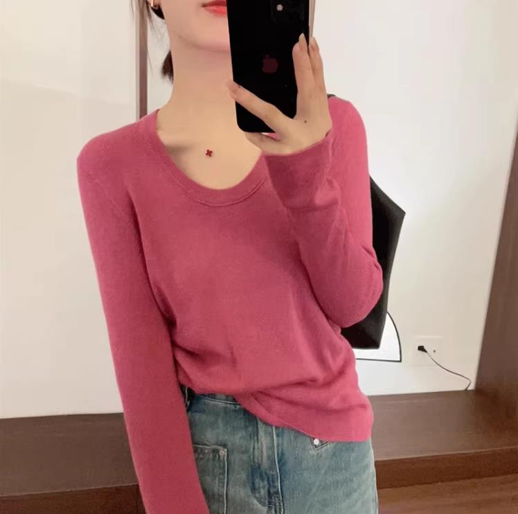 秋冬圆领女针织打底衫修身纯色长袖内搭时尚毛衣,针织衫/毛衣,恩泰羊绒