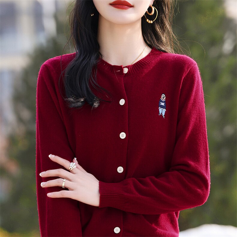 春季款圆领羊毛开衫女宽松刺绣长袖薄毛衣针织打底上衣,女装羊毛衫,哲奥羊绒