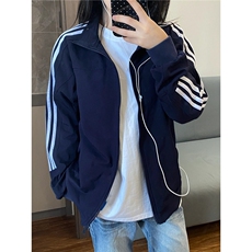 藏青色三条杠外套男款秋季穿搭条纹棒球服cleanfit解构立领夹克，男装夹克，星座506A