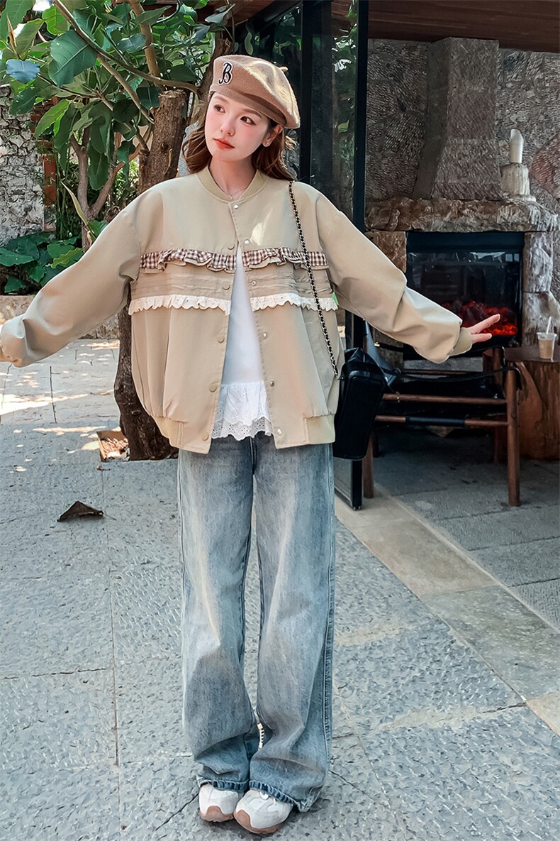 米咖色蕾丝花边棒球服短外套女2025春秋季新款小香风显瘦夹克上衣,女装短外套,浙宝A馆126