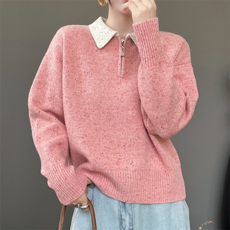时尚百搭宽松羊毛衫简约翻领配色半拉链设计秋冬必备单品,女装羊毛衫,秋虹羊绒