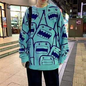 港风宽松圆领毛衣男韩版潮流学生针织衫秋冬季ins潮牌百搭上衣图片
