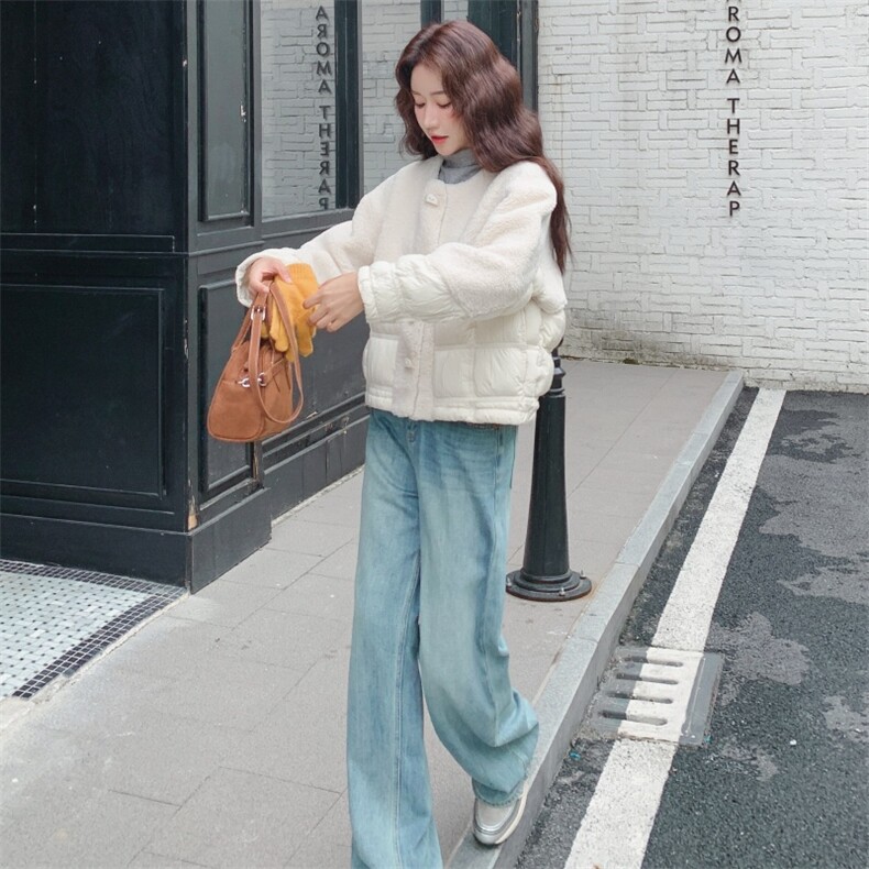 气质奶白色羊羔毛拼接羽绒外套，2B218-2581-P245，控368,女装羽绒服,2B218