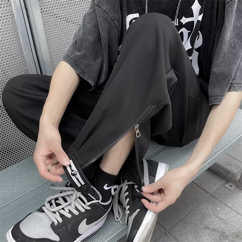 夏季新款华夫格拉链休闲裤男港风ins宽松束脚运动卫裤 K3927-P34图片