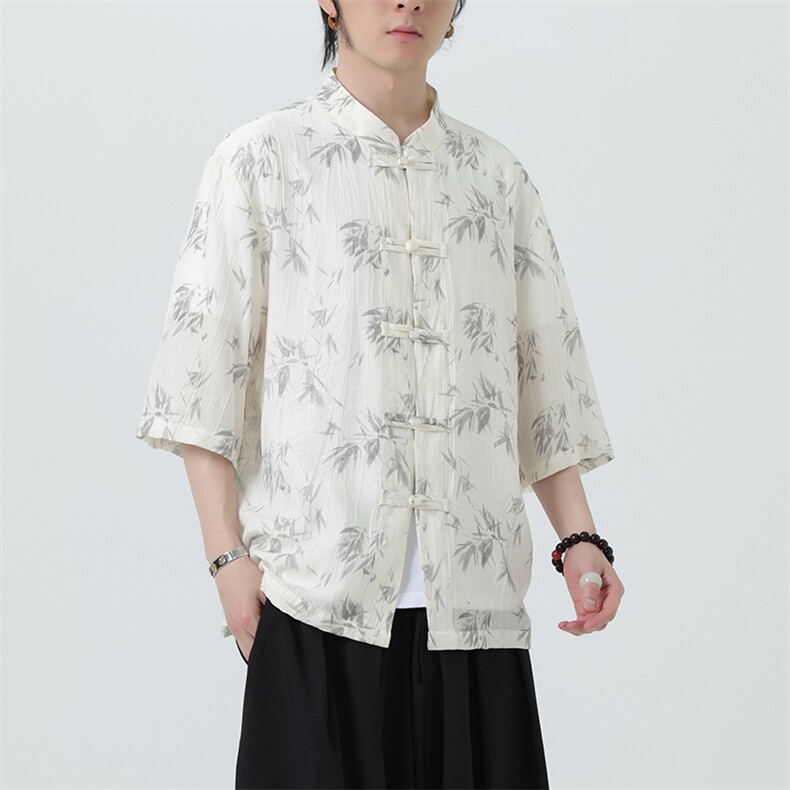 2025夏季新款风男汉服盘扣新中式唐装竹叶印花衬衫 C107-P55图片