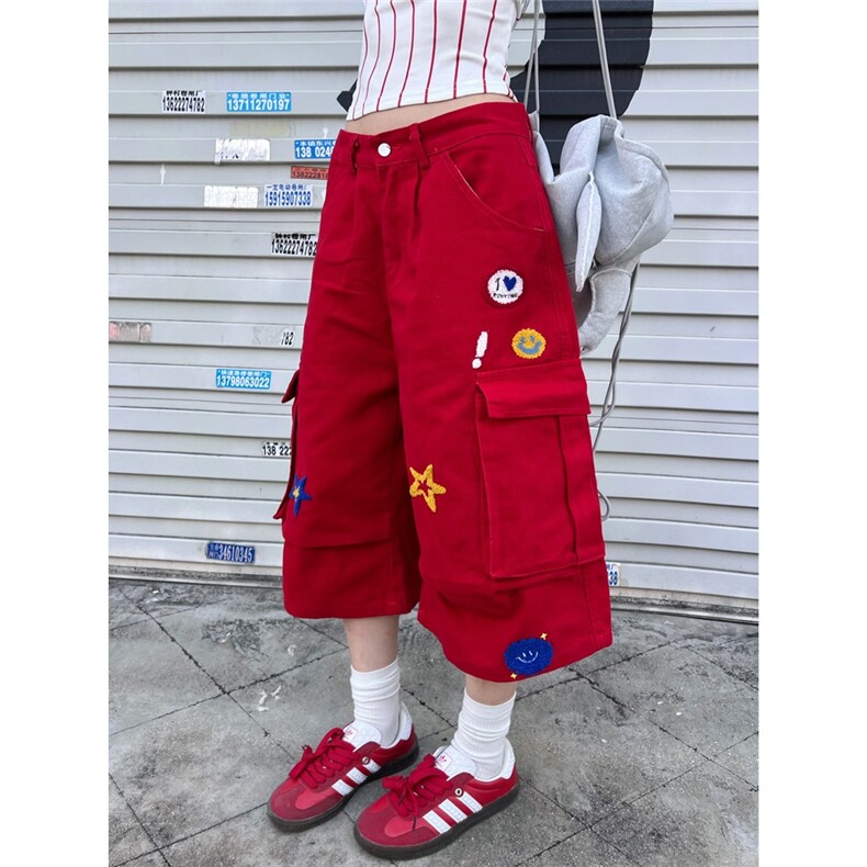 77lin美式植绒刺绣工装牛仔七分裤男女2025夏季宽松休闲阔腿短裤,男装牛仔裤,星座1210-1