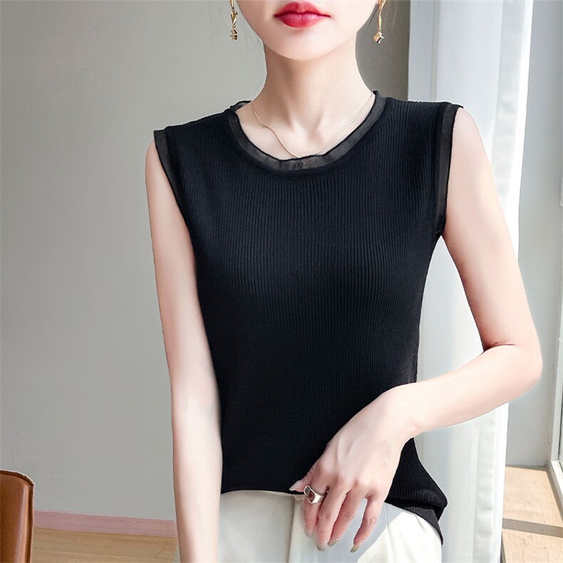 夏季新款时尚气质蕾丝拼接无袖背心女修身显瘦百搭休闲上衣，女装针织衫/毛衣，萱芳婷羊绒