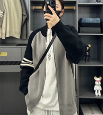 美式复古撞色条纹针织开衫外套男春秋感情侣立领短款夹克ZZS71p55，男装针织衫/毛衣，电商D256A(原A064A)
