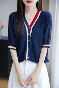 撞色冰丝针织V领假开衫短袖T恤女2025夏新款时尚宽松休闲气质上衣图片