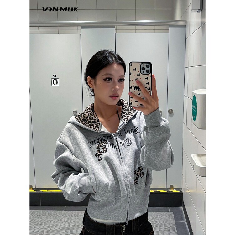 0123start豹纹拼接十字架连帽卫衣外套女美式复古哥特风潮牌开衫,女装短外套,星座218-8