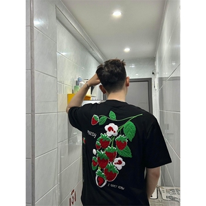 网图有货 夏季美式高街草莓刺绣情侣短袖纯棉宽松t恤男女A463-P38图片