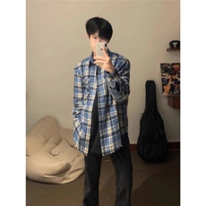 CS301-P35美式潮牌蓝色长袖格子衬衫男女生宽松百搭复古休闲，男装T恤，电商B323A