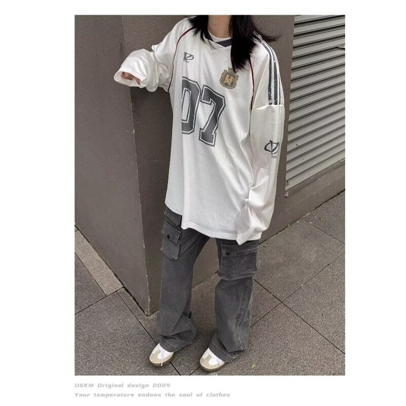 秋季薄款网面字母印花球衣T恤男女小众休闲运动长袖打底上衣,男装T恤,星座506A