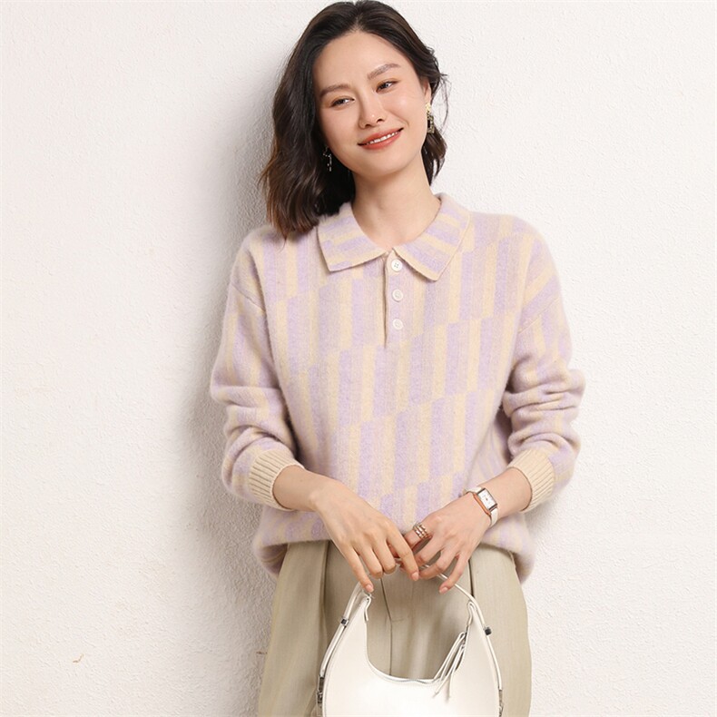 秋冬季35%羊绒简约休闲百搭时尚四平芝麻点POLO领毛衣,女装羊绒衫,云暖羊山羊绒
