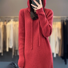秋冬季新款女时尚中长款连帽竖条大码羊毛衫，女装羊毛衫，江杉羊绒