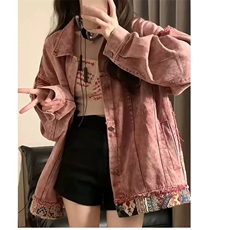 小香风牛仔外套女春秋复古做旧拼接设计感小众宽松粉色开衫夹克潮，男装夹克，星座506A
