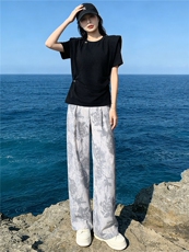 时尚简约套装女夏新款收腰显瘦圆领开叉不规则短袖印花长裤两件套，女装套装/套裙，江南