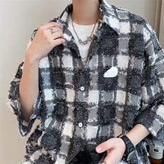 夏新复古短袖格子衬衣男大码磨毛半袖衬衫上衣A071-C60-P45，男装T恤，电商A071