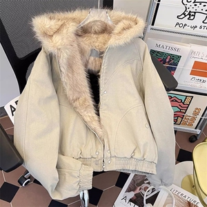 现货高品质美式高街冬季重磅硬挺短款座山雕毛领棉衣男女加厚外套图片