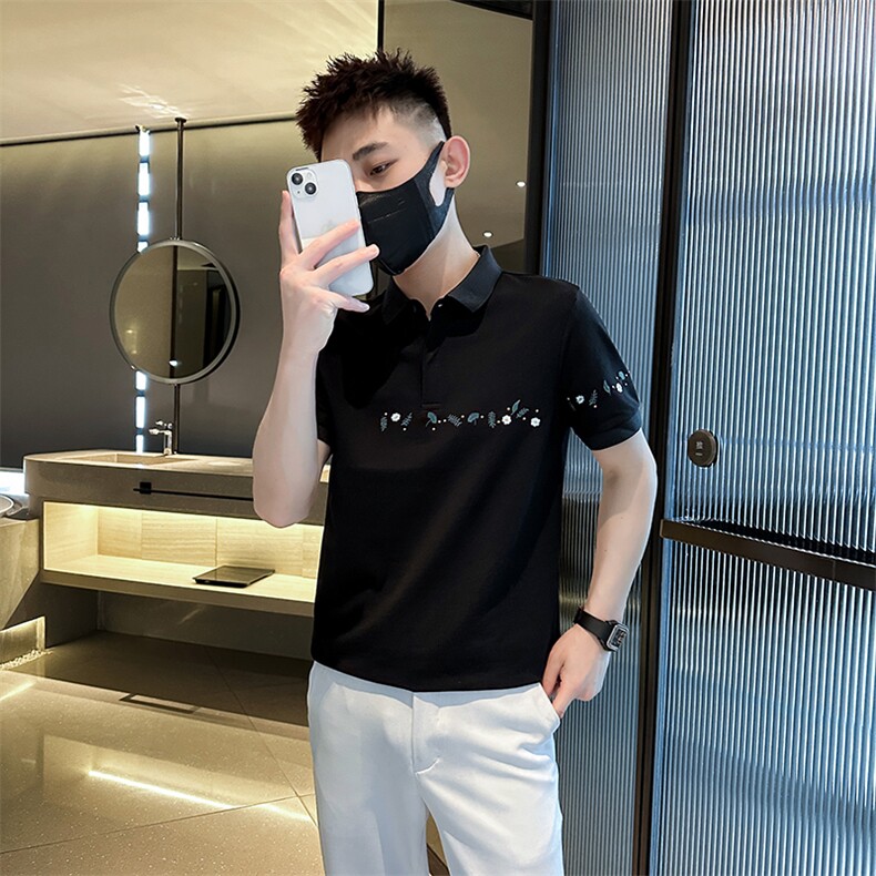 2023花朵刺绣夏季短袖T恤翻领Polo衫小伙风时尚半袖T0264-P50,男装T恤,电商D342