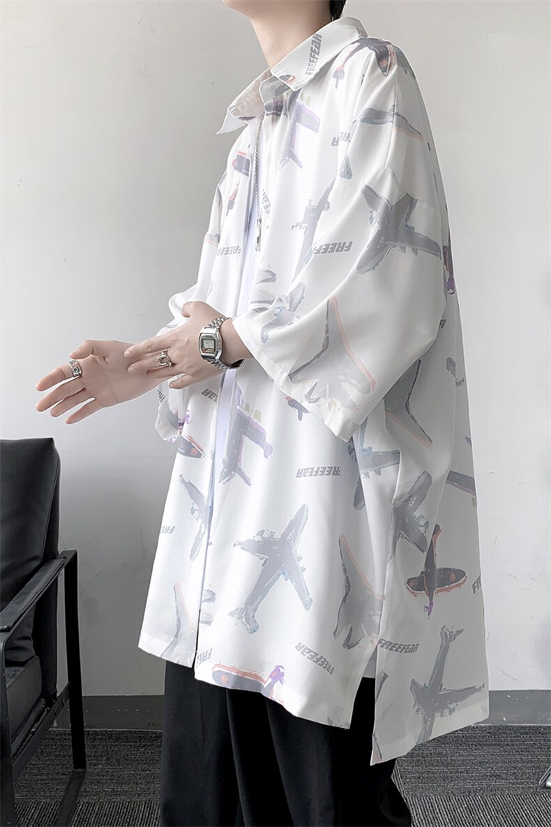 夏季潮流小飞机满印ins衬衫男新款冰丝情侣装A071-C35-P38,男装衬衫,电商A071